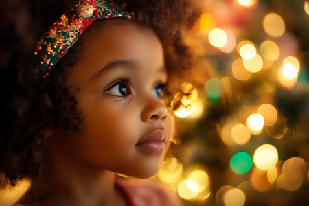 A young girl with curly hair wearing a festive headband, gazing in wonder at a sparkling Christmas tree in a cozy living room. The warm glow of lights reflects the joy and magic of the holiday season in her eyes.の素材