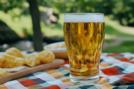 A chilled pint glass filled with pale lager, sitting on a vibrant checkered picnic tablecloth. The surrounding scenery features picnic items, making it an ideal refreshing moment captured during a summer gathering.の素材
