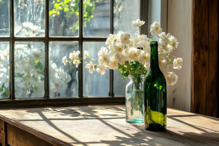 A rustic wooden table adorned with a green wine bottle surrounded by elegant white flowers in a glass vase. Soft afternoon sunlight filters through the window, casting warm shadows and enhancing the inviting atmosphere.の素材
