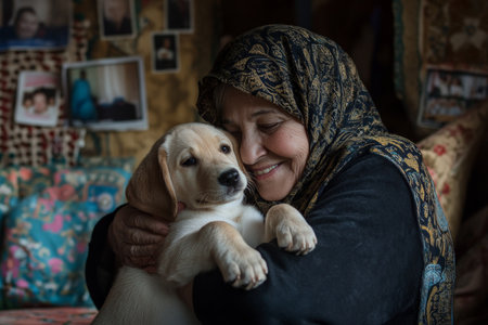 A senior Arabian woman with a gentle smile, hugging a playful Labrador puppy in her living room, surrounded by family photographs and soft cushions that reflect a lifetime of love.の素材