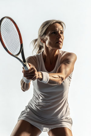 A middle-aged Caucasian woman gracefully playing tennis, captured in a powerful stance with her racket raised. The simplicity of the white background emphasizes its form and dedication to the sport.の素材
