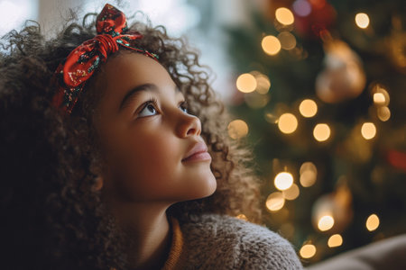 A young girl with curly hair wearing a festive headband, gazing in wonder at a sparkling Christmas tree in a cozy living room. The warm glow of lights reflects the joy and magic of the holiday season in her eyes.の素材