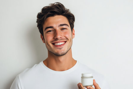 A young adult Caucasian man, smiling brightly as he holds a small jar of cream in his hand, with the white background enhancing his well-groomed look.の素材