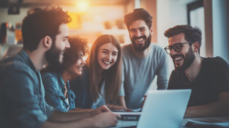 A team of coworkers gathered around a laptop, passionately debating ideas with smiles and enthusiasm. The soft, blurred office backdrop enhances the group's engaged interaction and positive atmosphere.の素材
