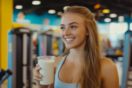 A young adult Caucasian woman smiling as she takes a sip of her shake in a vibrant gym, with modern equipment in the background. Her fitness routine is part of her energetic and health-focused lifestyle.の素材