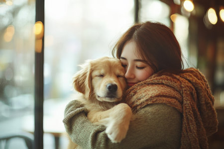 A young adult Japanese woman hugging a fluffy golden retriever puppy in a cozy cafÃÂ© with large windows. The soft lighting and inviting decor enhance the warmth and connection they share.の素材