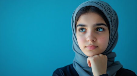 Teenager Arabian girl deep in thought with hand on chin against a blue background.の素材