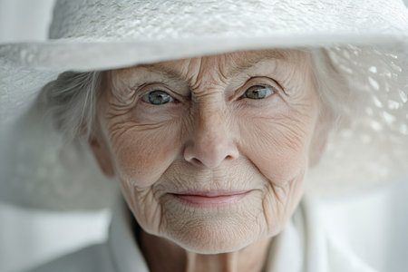 A close-up portrait of an elderly woman with soft, wrinkled features, wearing an oversized white hat. Her kind eyes reflect wisdom and experience, while the all-white setting brings out her serene expression.の素材