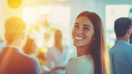 A bright and energetic office setting, with a team engaged in a positive debate around a decision. The group's smiling faces are highlighted by the blurred background, giving the image a sense of focus and optimism.の素材