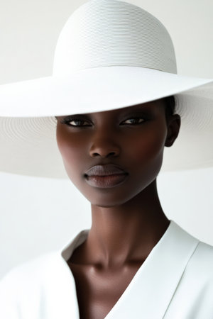 A serene shot of a young woman with dark skin and a large white hat, her face partially obscured by the brim. Her soft smile and relaxed posture blend effortlessly with the stark white background, creating a sense of peace.の素材
