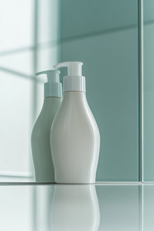 A large white plastic lotion bottle with a pump, sitting on the bathroom mirrorÃ¢â¬â¢s edge, shot from below to enhance its size and importance, while soft reflections on the mirror add depth and value.の素材