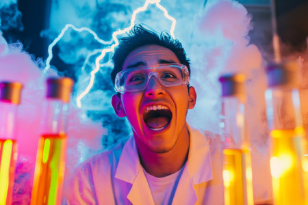 A young Hispanic scientist, shocked and elated, in a bright laboratory where colorful test tubes bubble over and lightning cracks through the air, with smoke billowing around them.の素材