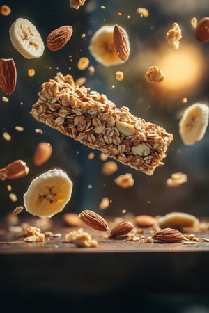 A granola bar floating alongside pieces of bananas and almonds in mid-air. The background is blurred with warm lighting, capturing the motion and creating a visually captivating, frame-filling image.の素材