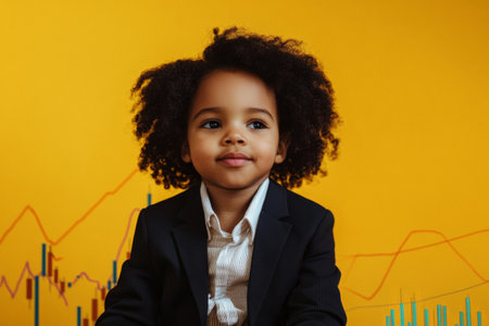 A school-age African American child in a mini suit, sitting in front of trading charts on a yellow background, capturing early interest in financial markets.の素材
