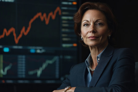 A senior Caucasian businesswoman in a professional suit, sitting in front of a black background with detailed trading charts, showing high-level finance.の素材