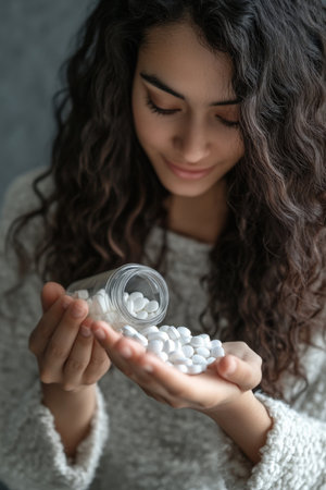 A young adult Hispanic woman carefully pouring white oblong pills into her hand from a glass bottle, focus on the medication against a neutral gray background.の素材
