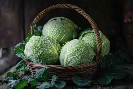 Fresh organic cabbages in a rustic basket, surrounded by green leaves, with the dark wood background emphasizing the natural, leafy texture of the cabbages.の素材