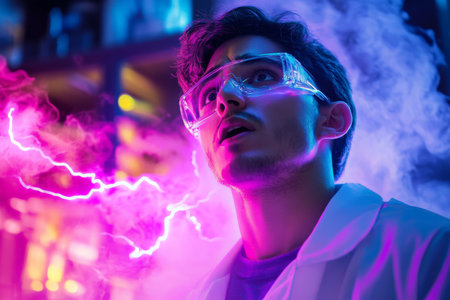 A young Hispanic scientist in a neon-lit laboratory, astonished by the results of an experiment, with bright bolts of lightning and swirling smoke adding to the moment of success.の素材