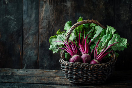 Fresh organic beets in a rustic basket, with their deep red roots and leafy greens contrasting beautifully against the dark wood background.の素材