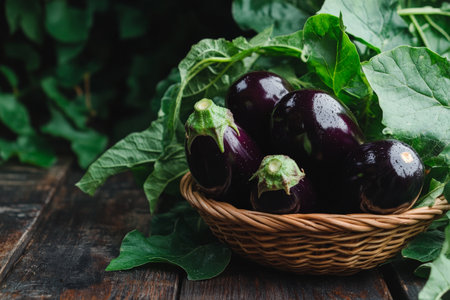 Fresh organic eggplants resting in a basket, surrounded by green leaves. The dark wood background enhances the deep purple of the eggplants and their glossy texture.の素材