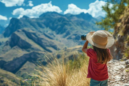 Preschooler Hispanic girl with a sunhat and binoculars, standing near a mountain trail, eagerly looking at the distant peaks, the landscape stretching out before her.の素材