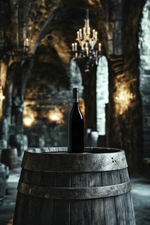 A wine bottle mockup placed on an old wooden barrel, set against the backdrop of a majestic castle-like winery, complete with towering stone columns and iron chandeliers hanging from the ceiling.の素材