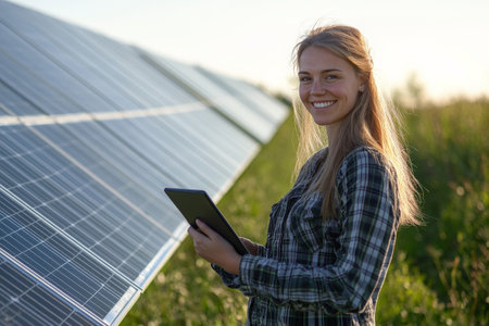 Young adult Caucasian female engineer standing in a solar park, smiling confidently with a digital tablet in hand, sun rays bouncing off the sleek photovoltaic panels.の素材