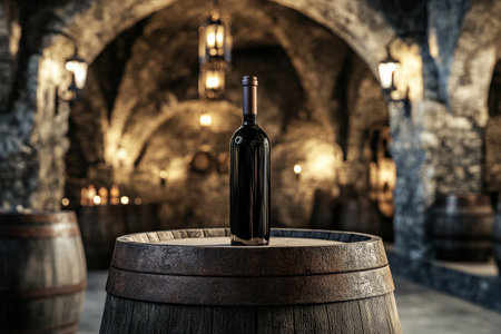 A simple wine bottle mockup on a rustic barrel, with stone archways and antique lanterns casting a warm glow in a winery resembling an old European castle.の素材