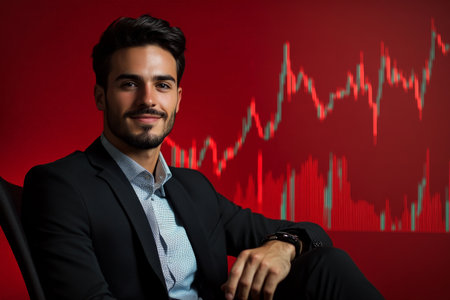 A young adult Brazilian businessman in a stylish suit, seated with chart tradings on a red background, symbolizing youthful financial success.の素材