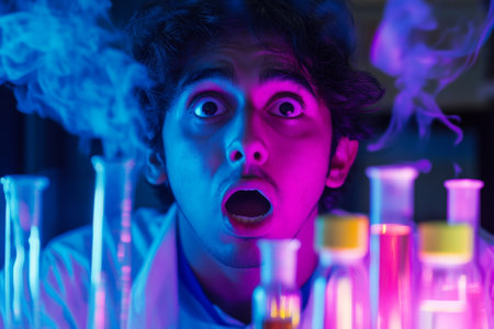 A young Arabian scientist with a shocked expression, lightning bolts flashing in the vibrant lab, colorful liquids swirling in test tubes, and smoke adding drama to their breakthrough discovery.の素材
