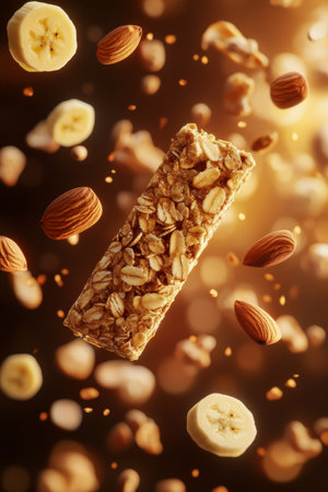 A granola bar floating alongside pieces of bananas and almonds in mid-air. The background is blurred with warm lighting, capturing the motion and creating a visually captivating, frame-filling image.の素材