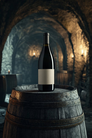 A sleek wine bottle mockup with a minimalist label, placed atop a weathered barrel in a dimly lit, castle-like winery with medieval arches and stone flooring, creating a vintage atmosphere.の素材