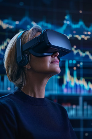 A middle-aged Caucasian woman, focused and wearing a VR headset, interacting with stock charts and financial graphs on a holographic metaverse platform, set against a dark blue background.の素材