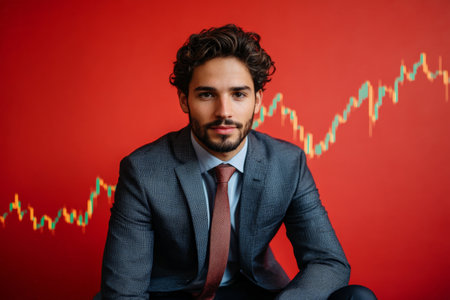 A young adult Brazilian businessman in a stylish suit, seated with chart tradings on a red background, symbolizing youthful financial success.の素材