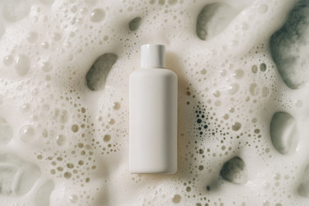 A modern, minimalistic facial cream bottle captured from above, resting in a sea of soft, bubbly foam. The contrast between the smooth bottle and the frothy bubbles creates a clean, refined aesthetic.の素材