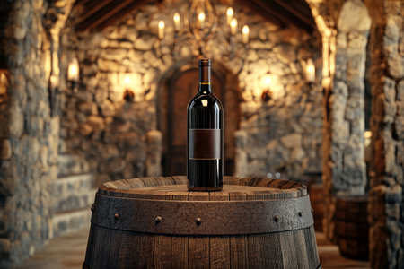 A wine bottle mockup on an old oak barrel, surrounded by aged stone walls and iron scones in a castle-like building, capturing the authenticity of a historical winery.の素材