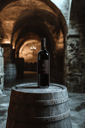 A sleek wine bottle mockup with a minimalist label, placed atop a weathered barrel in a dimly lit, castle-like winery with medieval arches and stone flooring, creating a vintage atmosphere.の素材