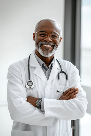 Senior Black male doctor smiling warmly with arms crossed, standing confidently in a medical office, clean white background emphasizing his experience and calm demeanor.の素材