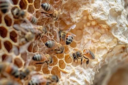 Extreme close-up of several bees clustering around a single bee on a honeycomb, showing the stunning textures of their wings and the geometric perfection of the honeycomb cells.の素材