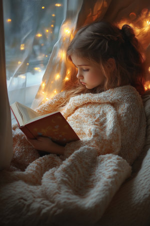 A young Caucasian girl wrapped in a soft blanket, deeply immersed in a book while sitting in a cozy reading nook with gentle lighting, celebrating International Literacy Day in a warm room.の素材