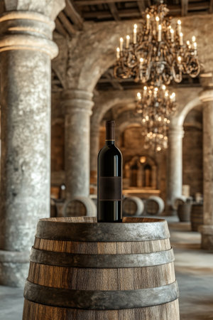 A wine bottle mockup placed on an old wooden barrel, set against the backdrop of a majestic castle-like winery, complete with towering stone columns and iron chandeliers hanging from the ceiling.の素材