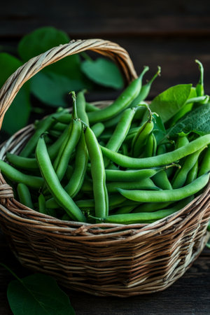 A basket filled with organic green beans, their fresh, crisp texture highlighted by the dark wood background, with green leaves adding a natural element.の素材