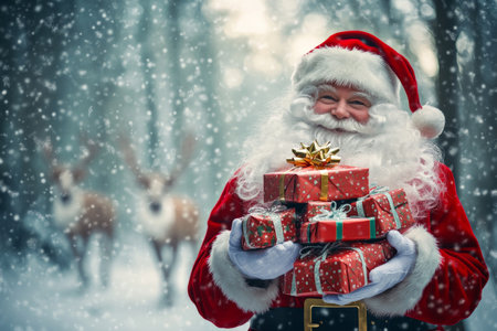 Santa Claus holding a stack of brightly wrapped Christmas gifts while walking through a snowy forest. The gifts spill out of his bag, and reindeer can be seen in the background as snowflakes gently fall.の素材