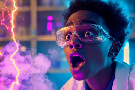 A young African American scientist with a stunned expression, as lightning surges through their colorful lab, surrounded by bubbling chemicals and thick smoke, in a moment of scientific triumph.の素材