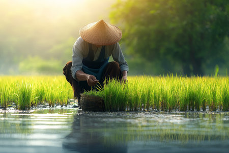A farmer in traditional attire planting rice seedlings in a serene organic paddy field, the green rice plants swaying in the breeze, with water reflecting the bright afternoon sun.の素材