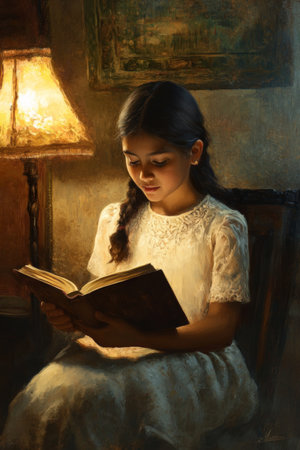 A young Hispanic girl in a peaceful room with soft lighting, holding a book open in her lap, fully engaged in reading as the warm glow from a lamp illuminates her face.の素材