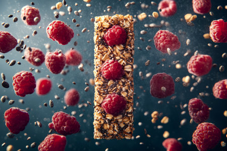 Granola bars surrounded by levitating raspberries and chia seeds. The bright colors and textures fill the frame, creating a sense of energy and movement in the product photography.の素材