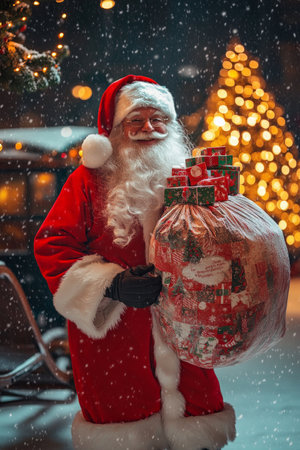 Santa Claus, carrying a huge bag of Christmas presents, standing next to his sleigh as snow falls around him. The bag is overflowing with gifts in festive wrapping, with a brightly lit Christmas tree in the background.の素材