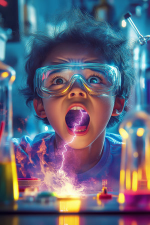 A young Japanese scientist wearing safety goggles, in shock as they witness lightning striking a lab apparatus, colorful liquids bubbling and smoke clouding the air in a vibrant lab.の素材