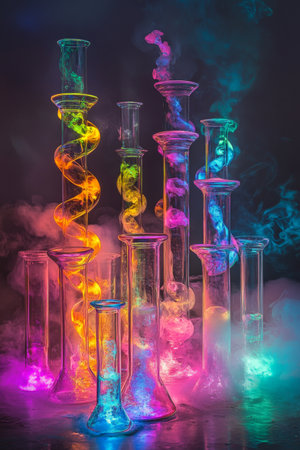 A labyrinth of glass tubes with organic curves, filled with vibrant, glowing liquids and plasma discharges, set against a smoky lab background, creating an intricate and otherworldly chemistry setup.の素材